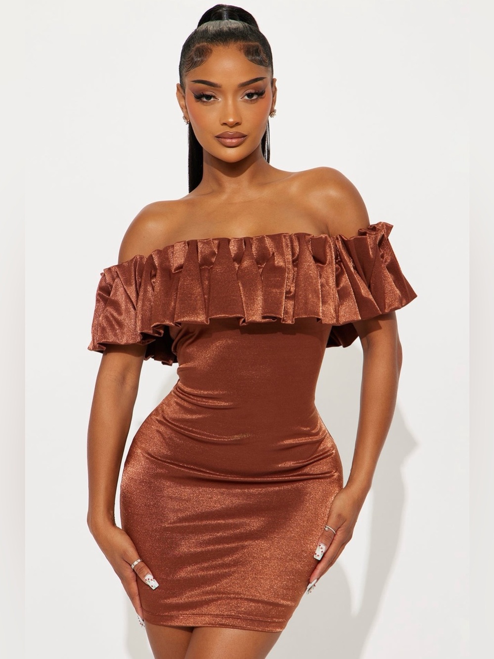 Fashion Nova Off Shoulder Ruched Dress Rust Brown XS/S NWT Open Back Bodycon